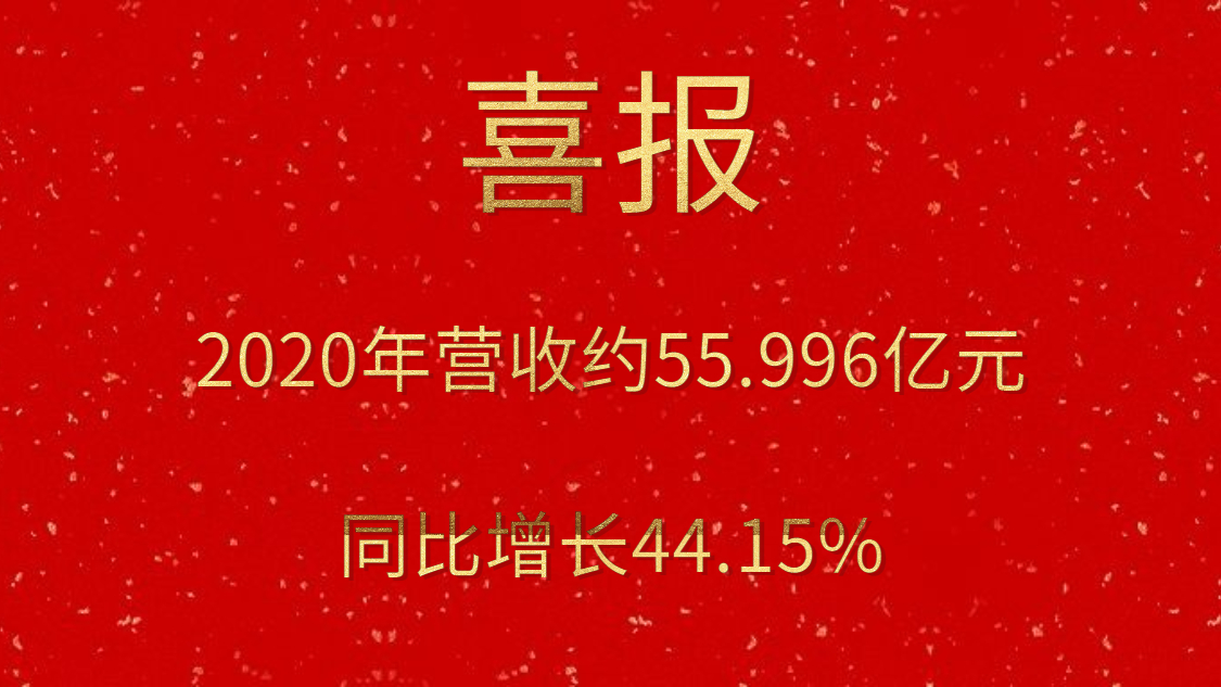 喜报！2020年营收约55.996亿元，，，，，，同比增添44.15%